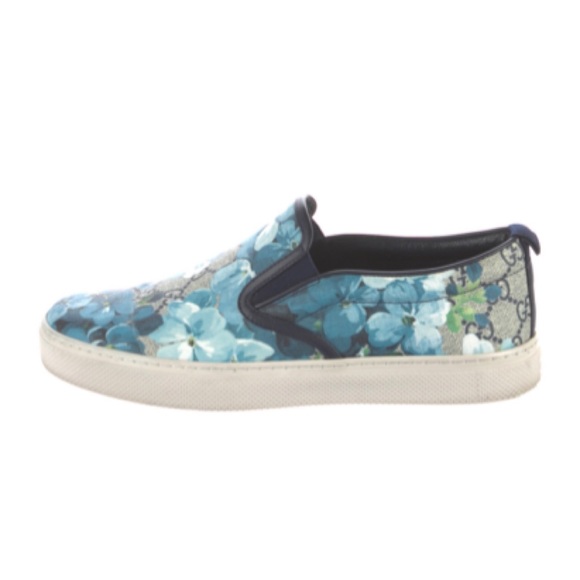 ✨Unisex GUCCI Supreme GG Logo Canvas Bloom Blue Floral Slip-On Sneakers Shoes